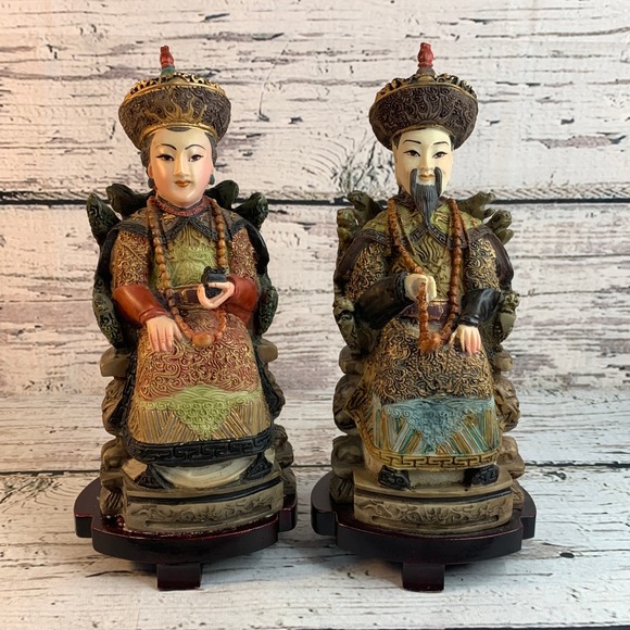 Asian Emperor Empress Figurines Seated Statues Home‎ Decor 11.5" Vintage Resin - Picture 1 of 8